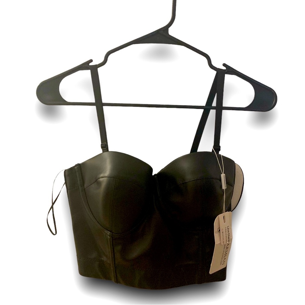 Charmain Bustier Black Boned Padded Top Faux Leather Size XL womens